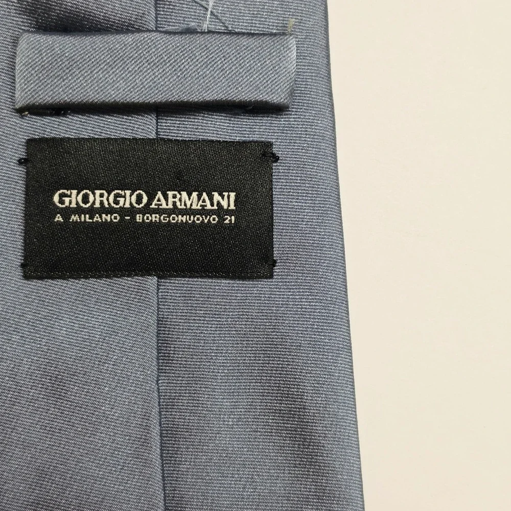 Giorgio Armani Silk Tie Mens OS Blue Solid Satin Handmade Italy Luxury Designer